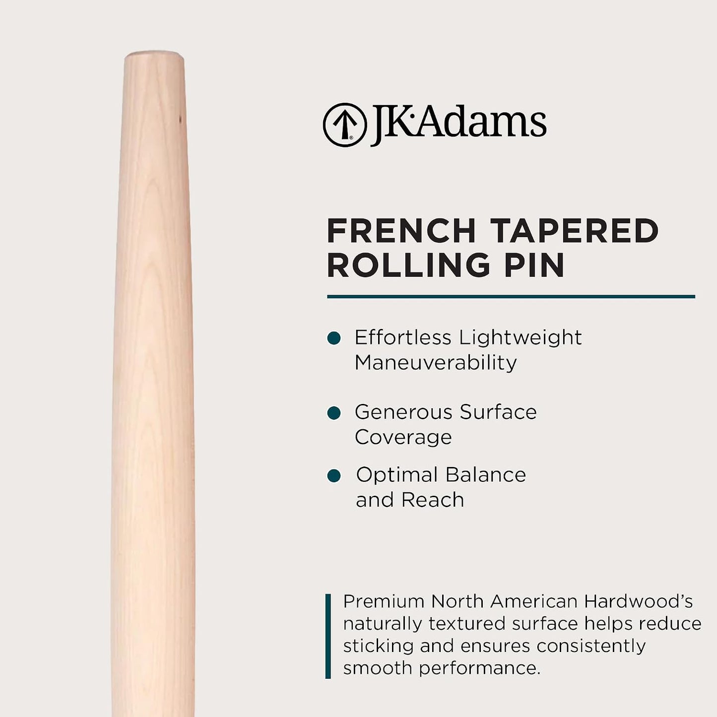 French Tapered Rolling Pin, Wooden Baking Dowel, 20.5" x 1.5"