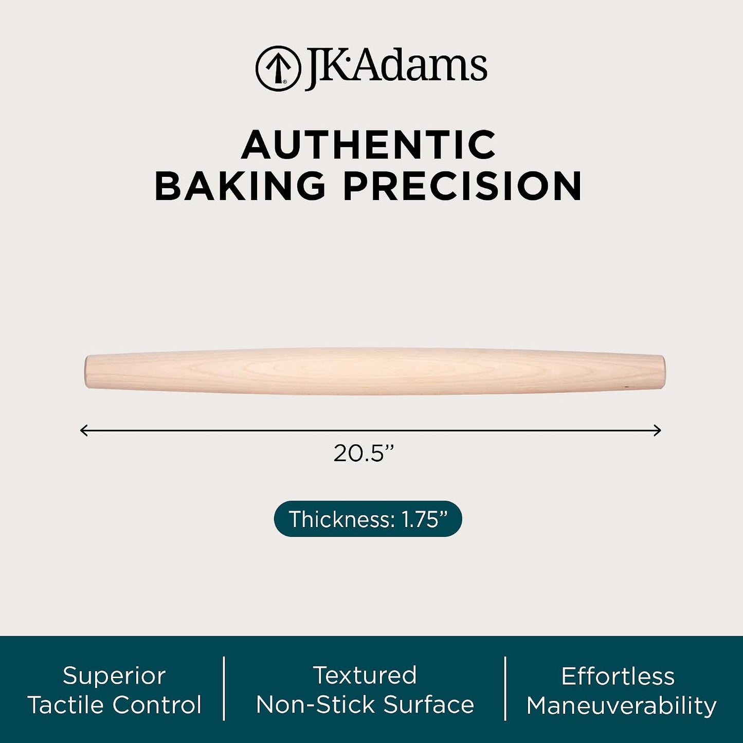 French Tapered Rolling Pin, Wooden Baking Dowel, 20.5" x 1.5"