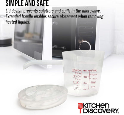 Microwavable Measuring Cup – – 2 Cup Plastic Measuring Cup with Spout, Lid, and Extended Handle for Safe Boiling and Pouring – Microwave Safe Measuring Cup