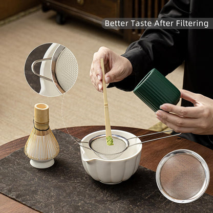 Matcha Whisk Set, Matcha Set Includes Ceramic Matcha Bowl, Bamboo Whisk, Scoop, Chasen Holder, Sifter, 5 Pcs Perfect Matcha Kit for Matcha Lover (Pearl White)
