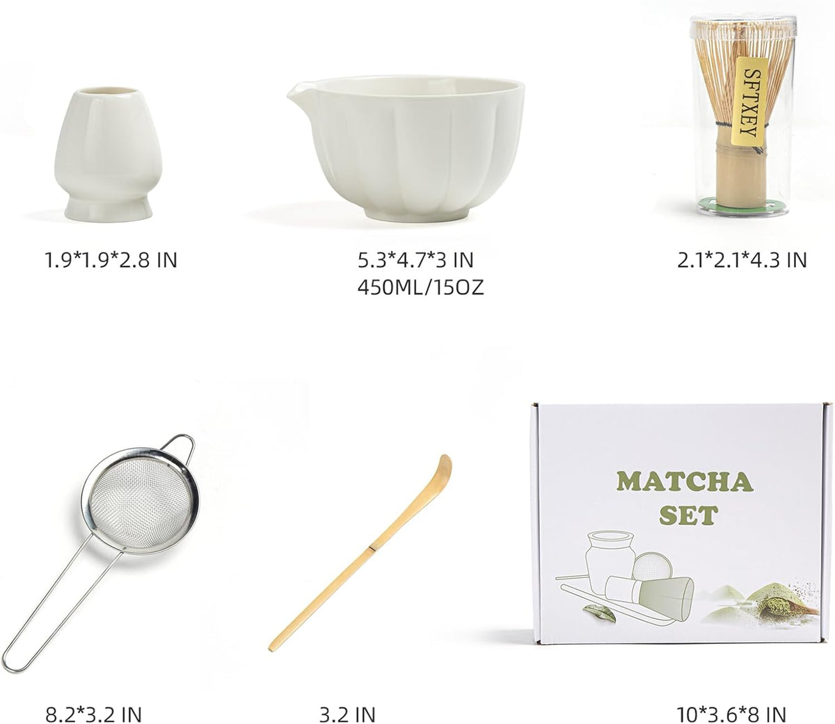 Matcha Whisk Set, Matcha Set Includes Ceramic Matcha Bowl, Bamboo Whisk, Scoop, Chasen Holder, Sifter, 5 Pcs Perfect Matcha Kit for Matcha Lover (Pearl White)