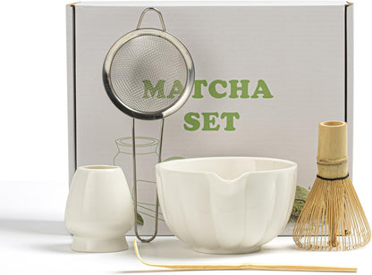 Matcha Whisk Set, Matcha Set Includes Ceramic Matcha Bowl, Bamboo Whisk, Scoop, Chasen Holder, Sifter, 5 Pcs Perfect Matcha Kit for Matcha Lover (Pearl White)
