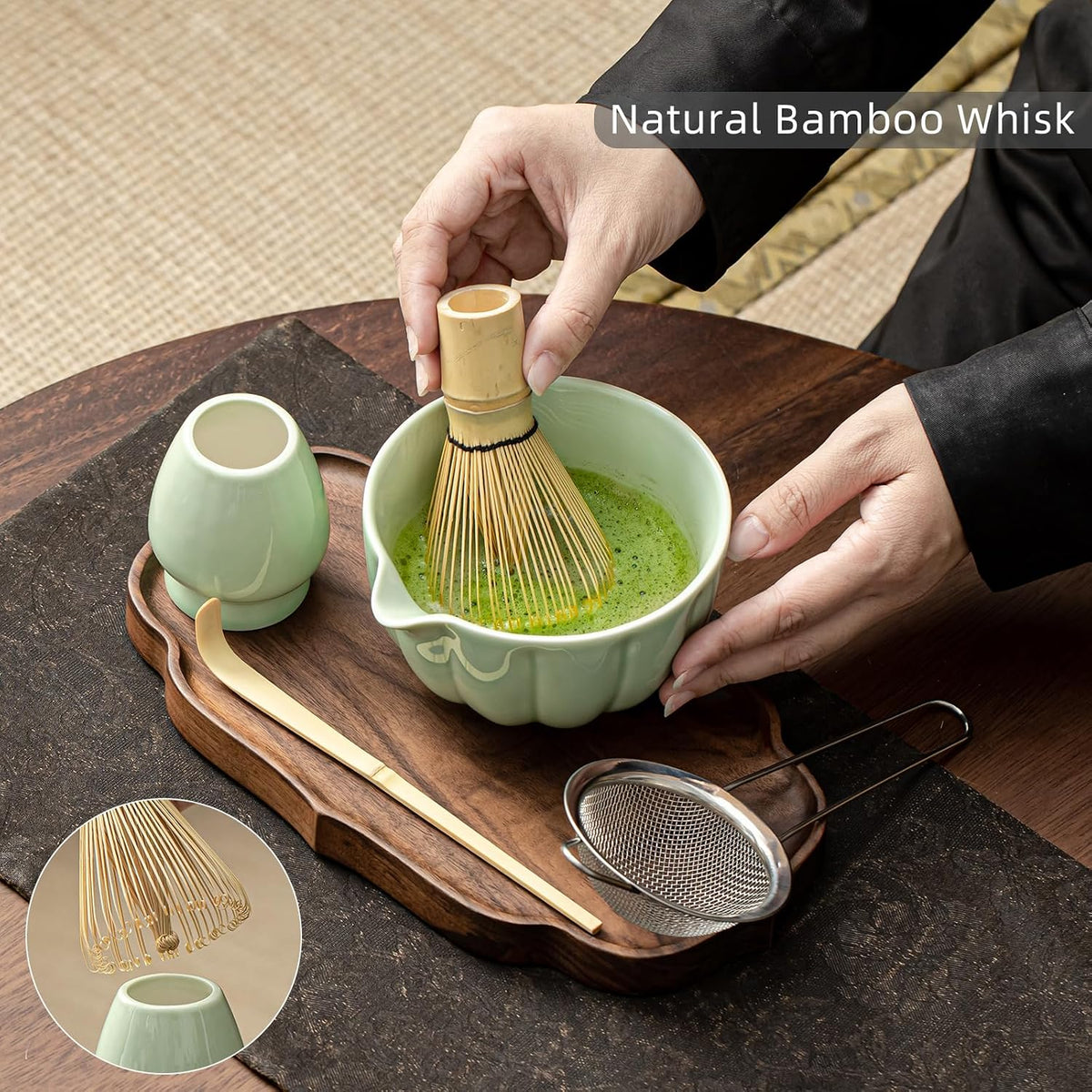 Matcha Whisk Set, Matcha Set Includes Ceramic Matcha Bowl, Bamboo Whisk, Scoop, Chasen Holder, Sifter, 5 Pcs Perfect Matcha Kit for Matcha Lover (Pearl White)