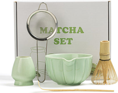 Matcha Whisk Set, Matcha Set Includes Ceramic Matcha Bowl, Bamboo Whisk, Scoop, Chasen Holder, Sifter, 5 Pcs Perfect Matcha Kit for Matcha Lover (Pearl White)