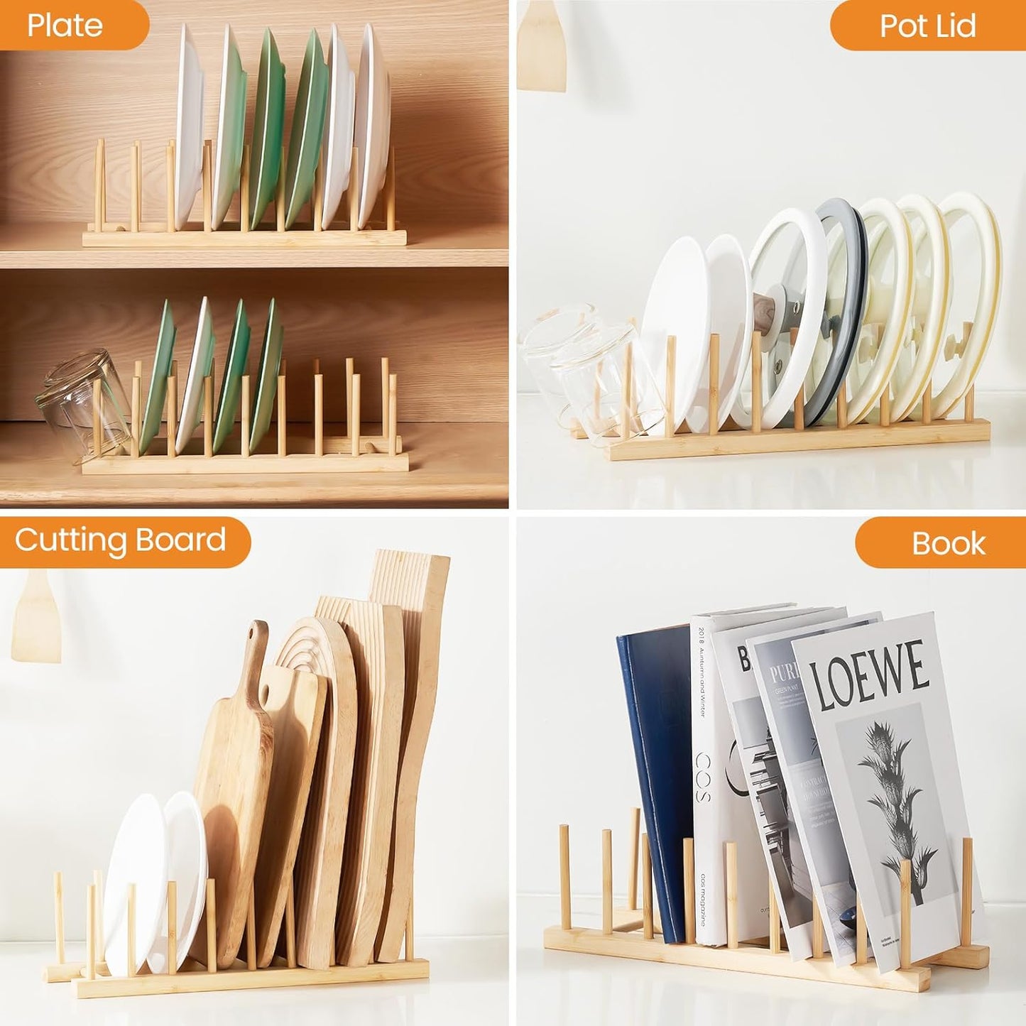Bamboo Dish Dying Rack - Pot Lid Plate Organizer Holder for Cabinet - Cutting Board Organizer-Plate Rack for Dish, Pot Lid, Bowl, Cup, Cutting Board