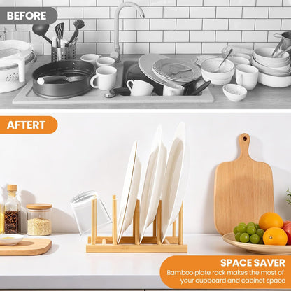 Bamboo Dish Dying Rack - Pot Lid Plate Organizer Holder for Cabinet - Cutting Board Organizer-Plate Rack for Dish, Pot Lid, Bowl, Cup, Cutting Board