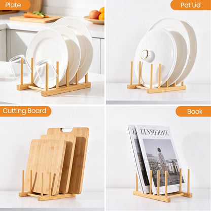 Bamboo Dish Dying Rack - Pot Lid Plate Organizer Holder for Cabinet - Cutting Board Organizer-Plate Rack for Dish, Pot Lid, Bowl, Cup, Cutting Board