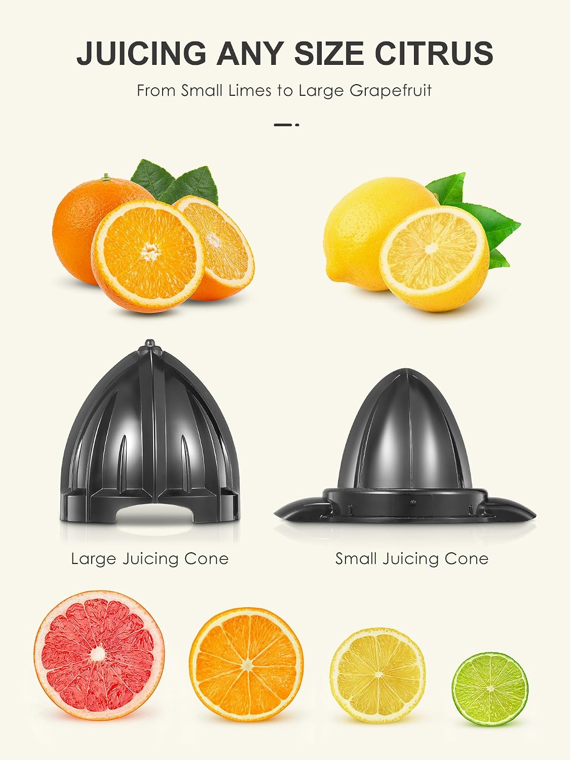 Electric Citrus Juicer, Orange Juicer with Two Interchangeable Cones