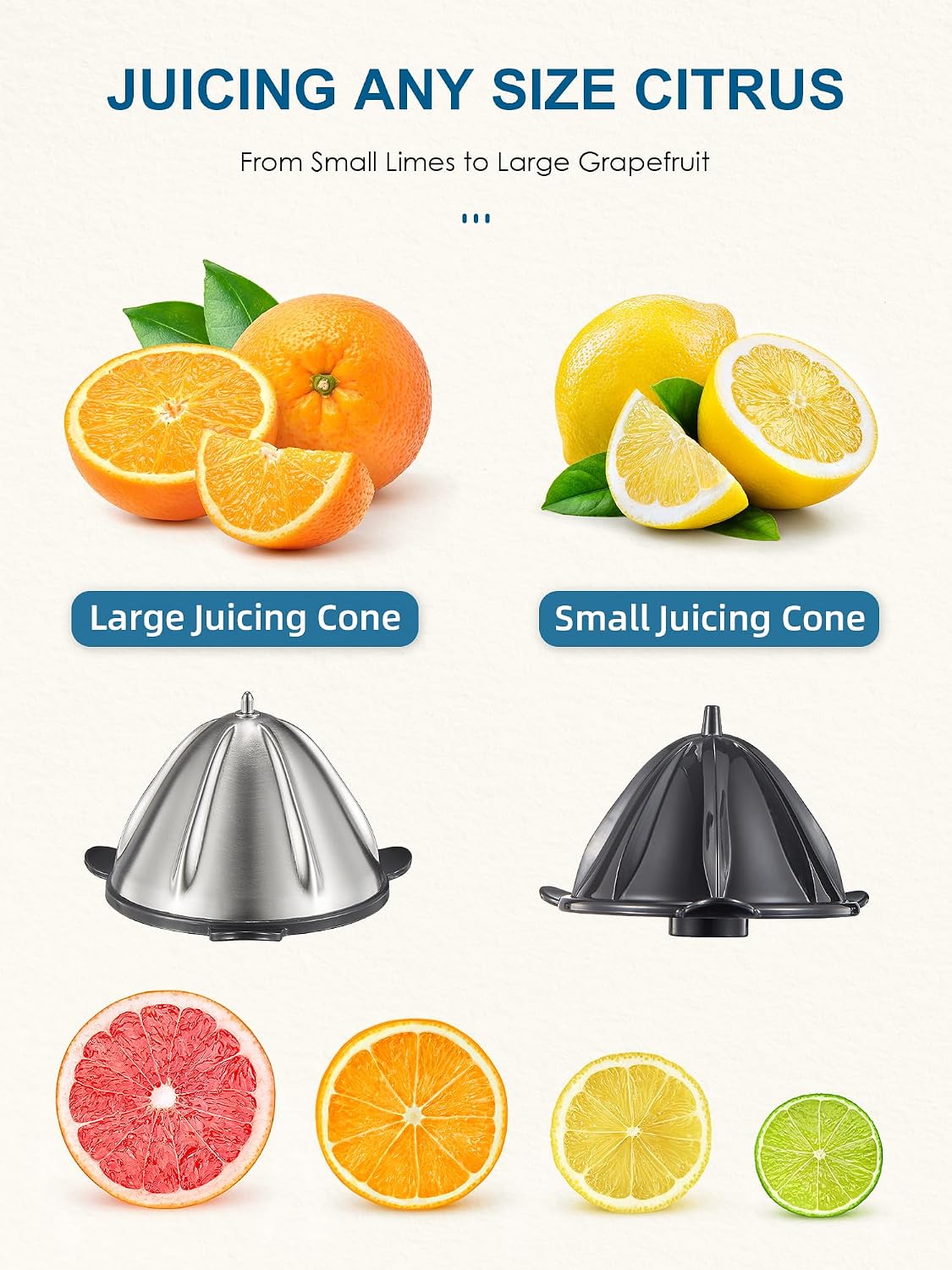 Electric Citrus Juicer, Orange Juicer with Two Interchangeable Cones