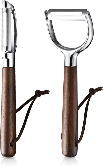 Fruit Vegetable Peeler Set for Kitchen, Stainless Steel Potato Peelers Ultra Sharp Swivel Blade, Premium Real Wood Handle Leather Strap (Y&I Shaped)