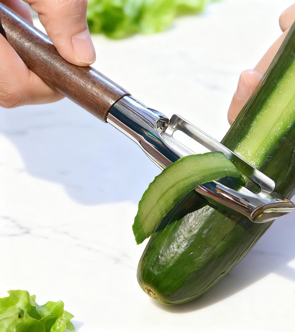 Fruit Vegetable Peeler Set for Kitchen, Stainless Steel Potato Peelers Ultra Sharp Swivel Blade, Premium Real Wood Handle Leather Strap (Y&I Shaped)