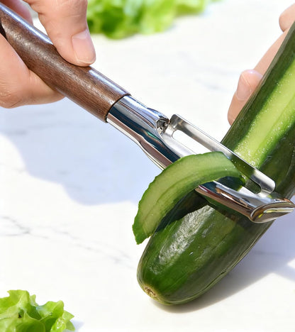Fruit Vegetable Peeler Set for Kitchen, Stainless Steel Potato Peelers Ultra Sharp Swivel Blade, Premium Real Wood Handle Leather Strap (Y&I Shaped)