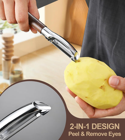 Fruit Vegetable Peeler Set for Kitchen, Stainless Steel Potato Peelers Ultra Sharp Swivel Blade, Premium Real Wood Handle Leather Strap (Y&I Shaped)