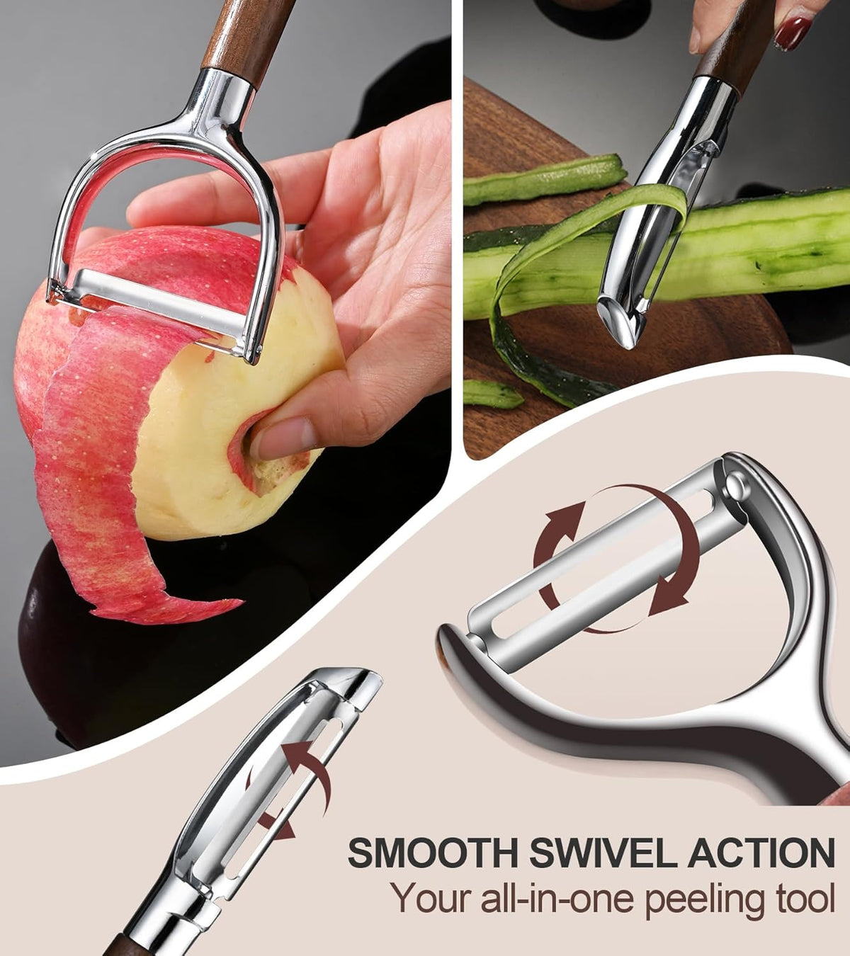 Fruit Vegetable Peeler Set for Kitchen, Stainless Steel Potato Peelers Ultra Sharp Swivel Blade, Premium Real Wood Handle Leather Strap (Y&I Shaped)
