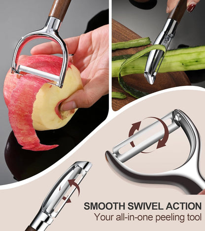 Fruit Vegetable Peeler Set for Kitchen, Stainless Steel Potato Peelers Ultra Sharp Swivel Blade, Premium Real Wood Handle Leather Strap (Y&I Shaped)