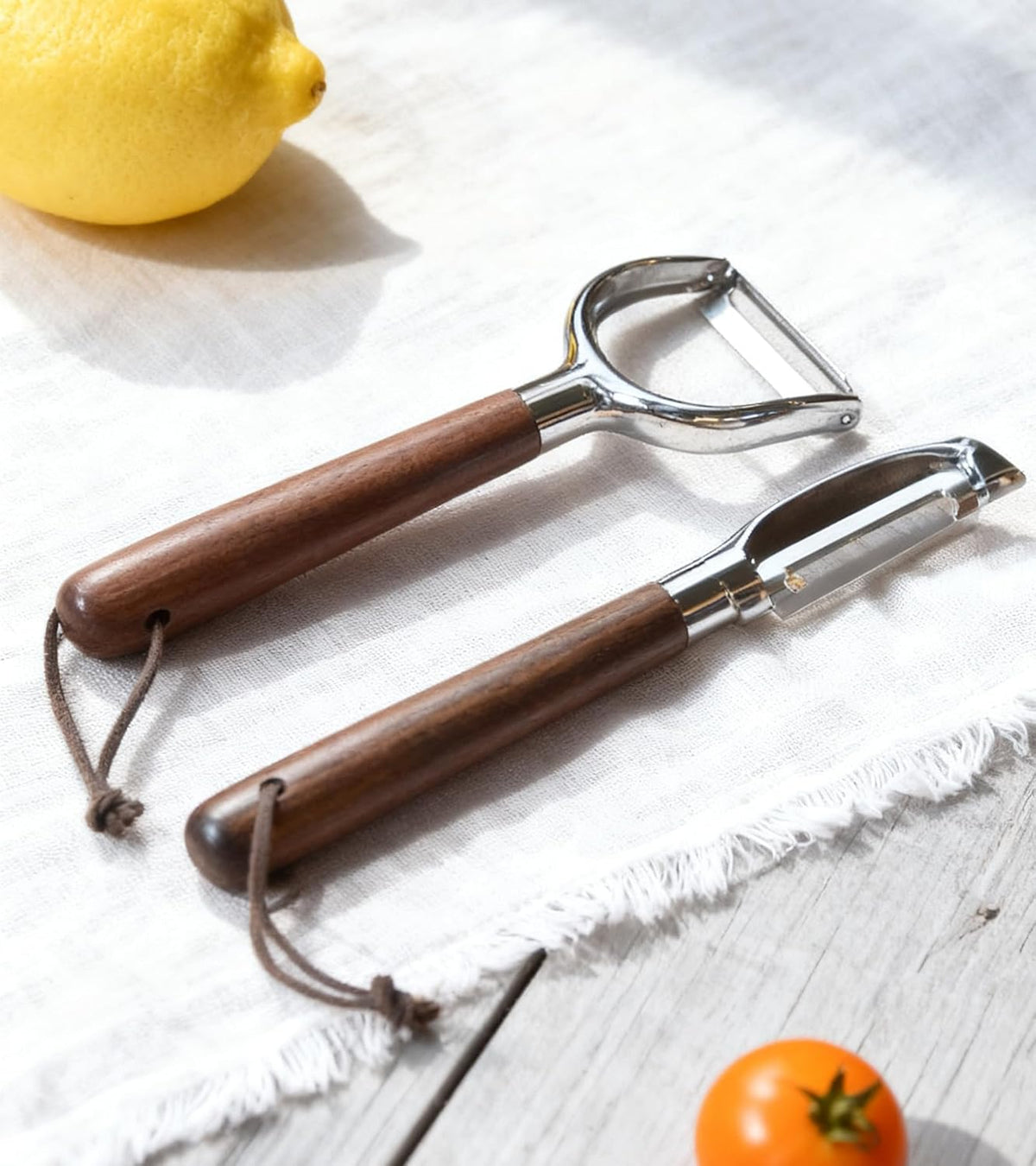 Fruit Vegetable Peeler Set for Kitchen, Stainless Steel Potato Peelers Ultra Sharp Swivel Blade, Premium Real Wood Handle Leather Strap (Y&I Shaped)