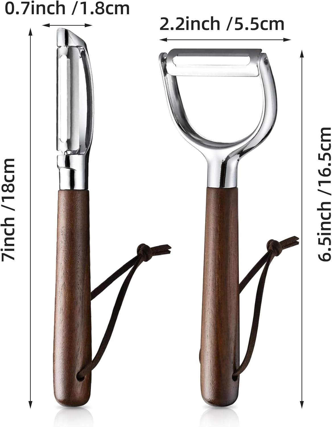 Fruit Vegetable Peeler Set for Kitchen, Stainless Steel Potato Peelers Ultra Sharp Swivel Blade, Premium Real Wood Handle Leather Strap (Y&I Shaped)