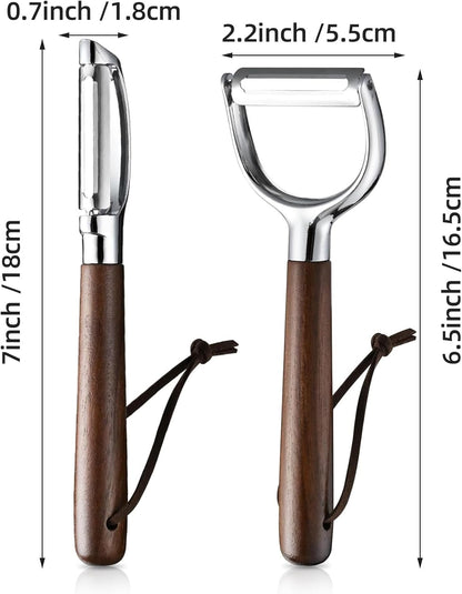 Fruit Vegetable Peeler Set for Kitchen, Stainless Steel Potato Peelers Ultra Sharp Swivel Blade, Premium Real Wood Handle Leather Strap (Y&I Shaped)