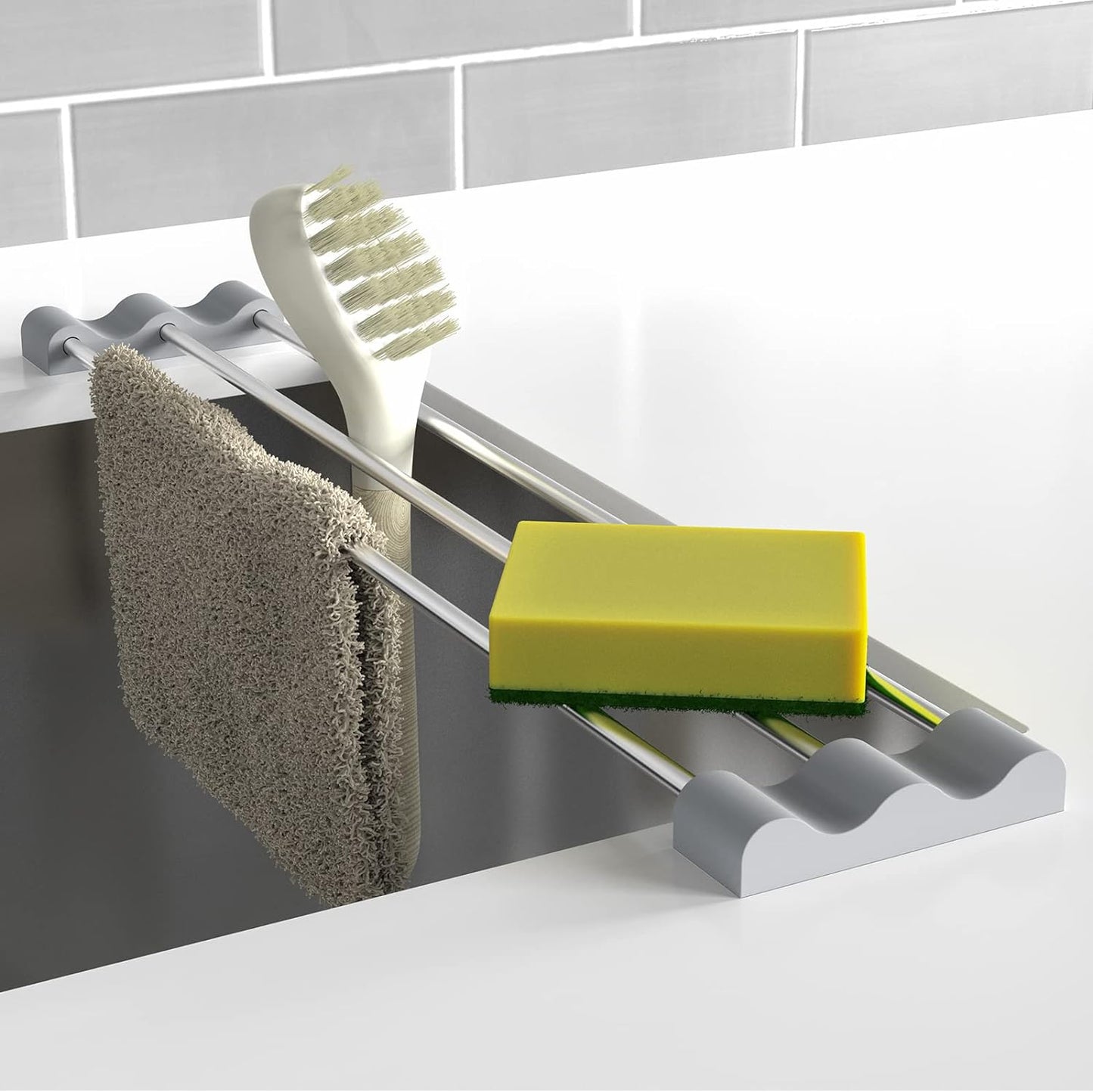 Adjustable Over-The-Sink Kitchen Rack, BPA-Free, Gray | Holds 16.5 Lbs; For Dishcloths, Sponges, and Brushes - Heat-Resistant Stainless Steel with Slim, Expandable Design