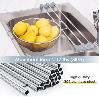 Adjustable Over-The-Sink Kitchen Rack, BPA-Free, Gray | Holds 16.5 Lbs; For Dishcloths, Sponges, and Brushes - Heat-Resistant Stainless Steel with Slim, Expandable Design