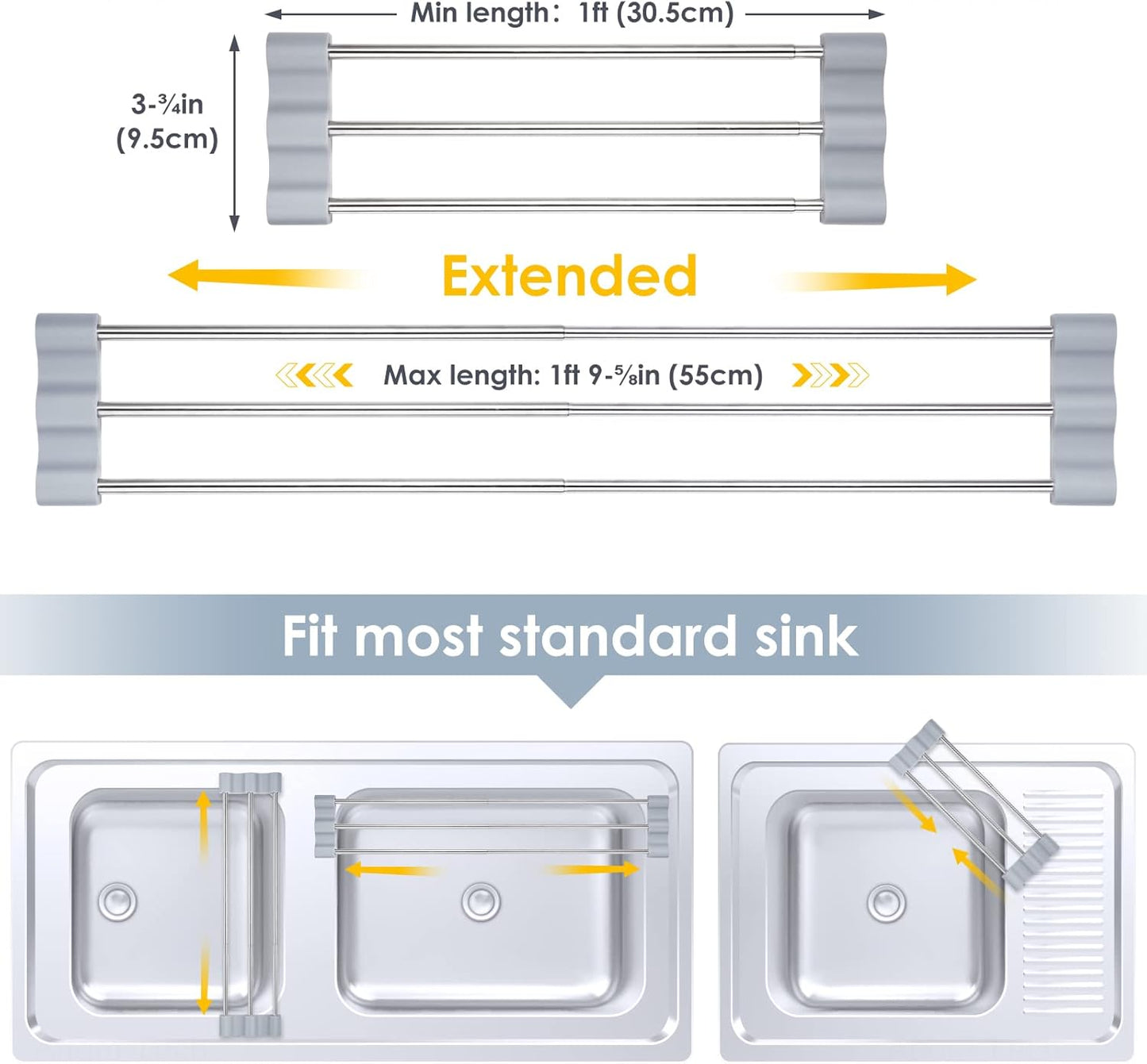 Adjustable Over-The-Sink Kitchen Rack, BPA-Free, Gray | Holds 16.5 Lbs; For Dishcloths, Sponges, and Brushes - Heat-Resistant Stainless Steel with Slim, Expandable Design