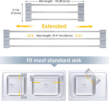 Adjustable Over-The-Sink Kitchen Rack, BPA-Free, Gray | Holds 16.5 Lbs; For Dishcloths, Sponges, and Brushes - Heat-Resistant Stainless Steel with Slim, Expandable Design