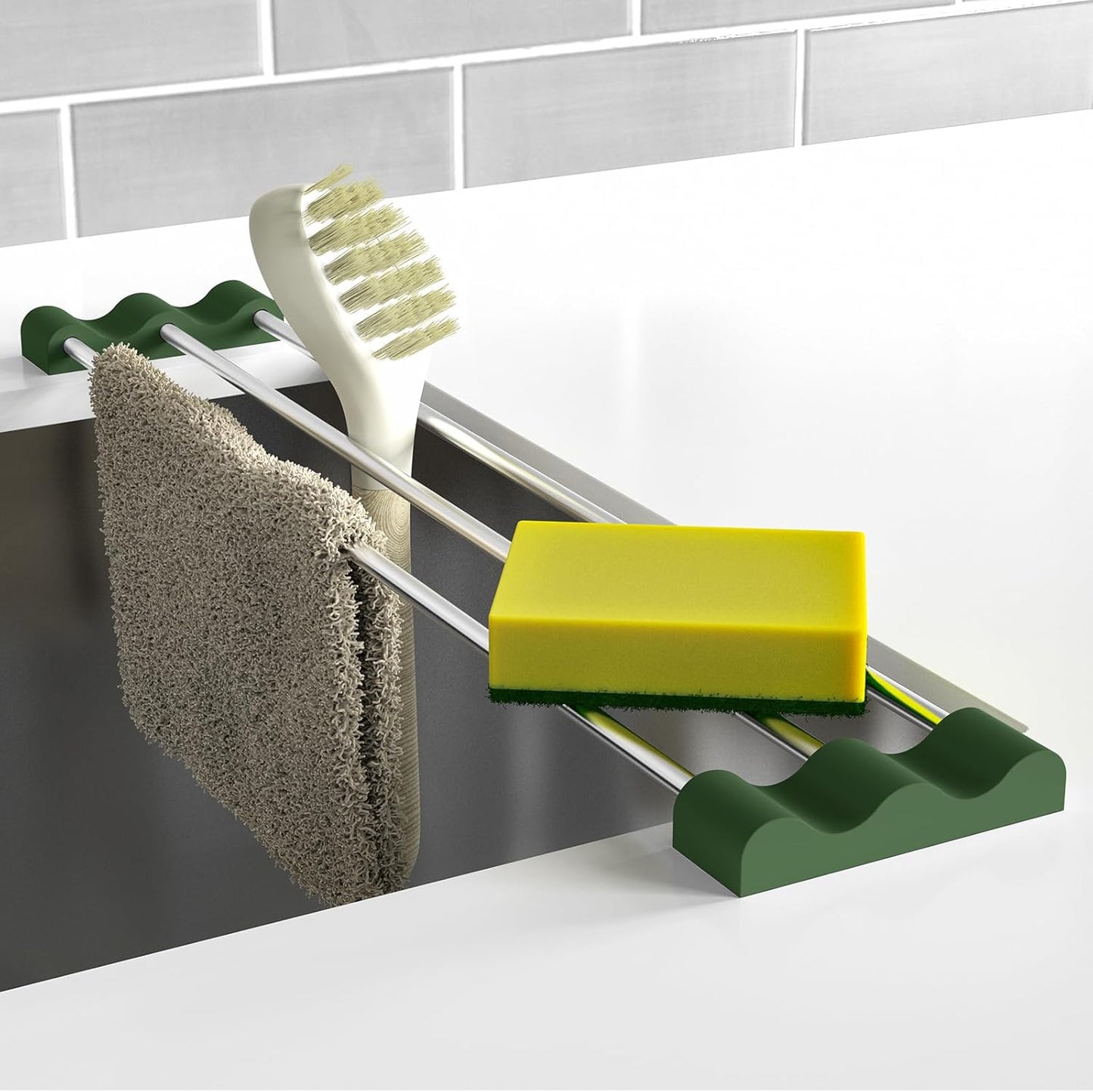 Adjustable Over-The-Sink Kitchen Rack, BPA-Free, Gray | Holds 16.5 Lbs; For Dishcloths, Sponges, and Brushes - Heat-Resistant Stainless Steel with Slim, Expandable Design