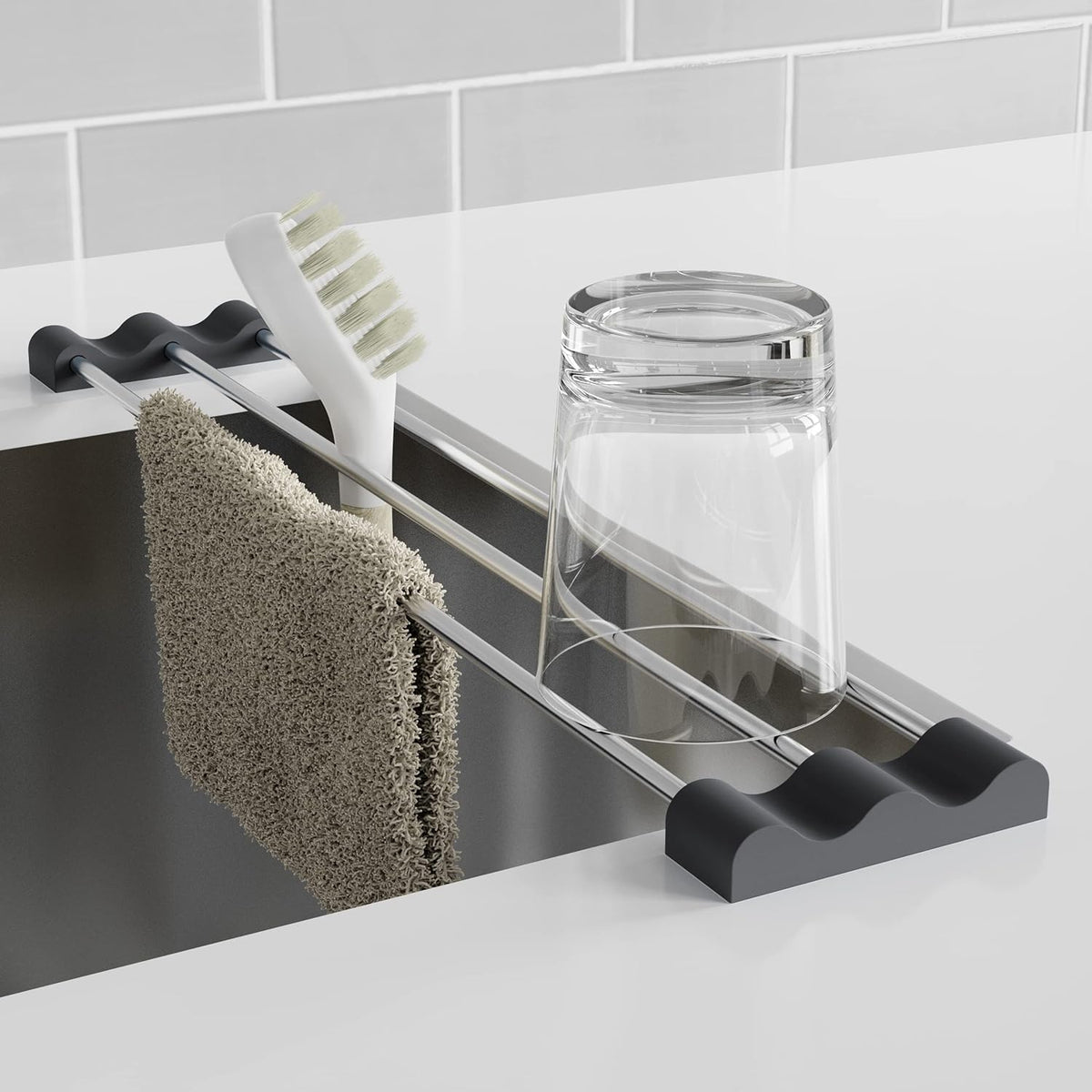 Adjustable Over-The-Sink Kitchen Rack, BPA-Free, Gray | Holds 16.5 Lbs; For Dishcloths, Sponges, and Brushes - Heat-Resistant Stainless Steel with Slim, Expandable Design