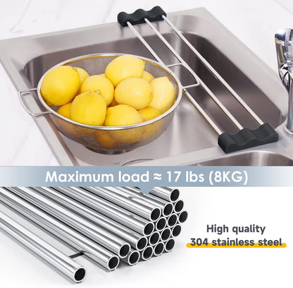 Adjustable Over-The-Sink Kitchen Rack, BPA-Free, Gray | Holds 16.5 Lbs; For Dishcloths, Sponges, and Brushes - Heat-Resistant Stainless Steel with Slim, Expandable Design