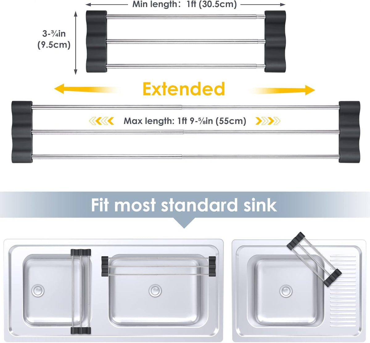 Adjustable Over-The-Sink Kitchen Rack, BPA-Free, Gray | Holds 16.5 Lbs; For Dishcloths, Sponges, and Brushes - Heat-Resistant Stainless Steel with Slim, Expandable Design