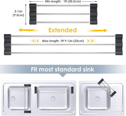 Adjustable Over-The-Sink Kitchen Rack, BPA-Free, Gray | Holds 16.5 Lbs; For Dishcloths, Sponges, and Brushes - Heat-Resistant Stainless Steel with Slim, Expandable Design