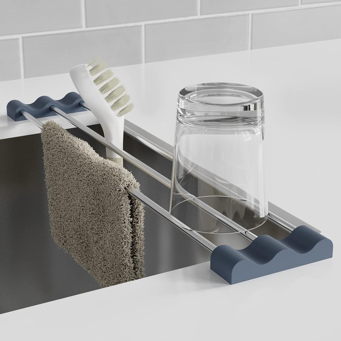 Adjustable Over-The-Sink Kitchen Rack, BPA-Free, Gray | Holds 16.5 Lbs; For Dishcloths, Sponges, and Brushes - Heat-Resistant Stainless Steel with Slim, Expandable Design