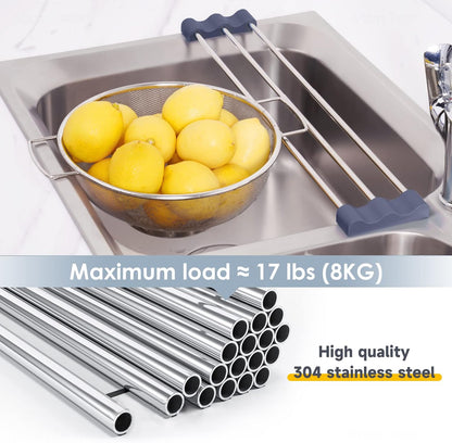 Adjustable Over-The-Sink Kitchen Rack, BPA-Free, Gray | Holds 16.5 Lbs; For Dishcloths, Sponges, and Brushes - Heat-Resistant Stainless Steel with Slim, Expandable Design