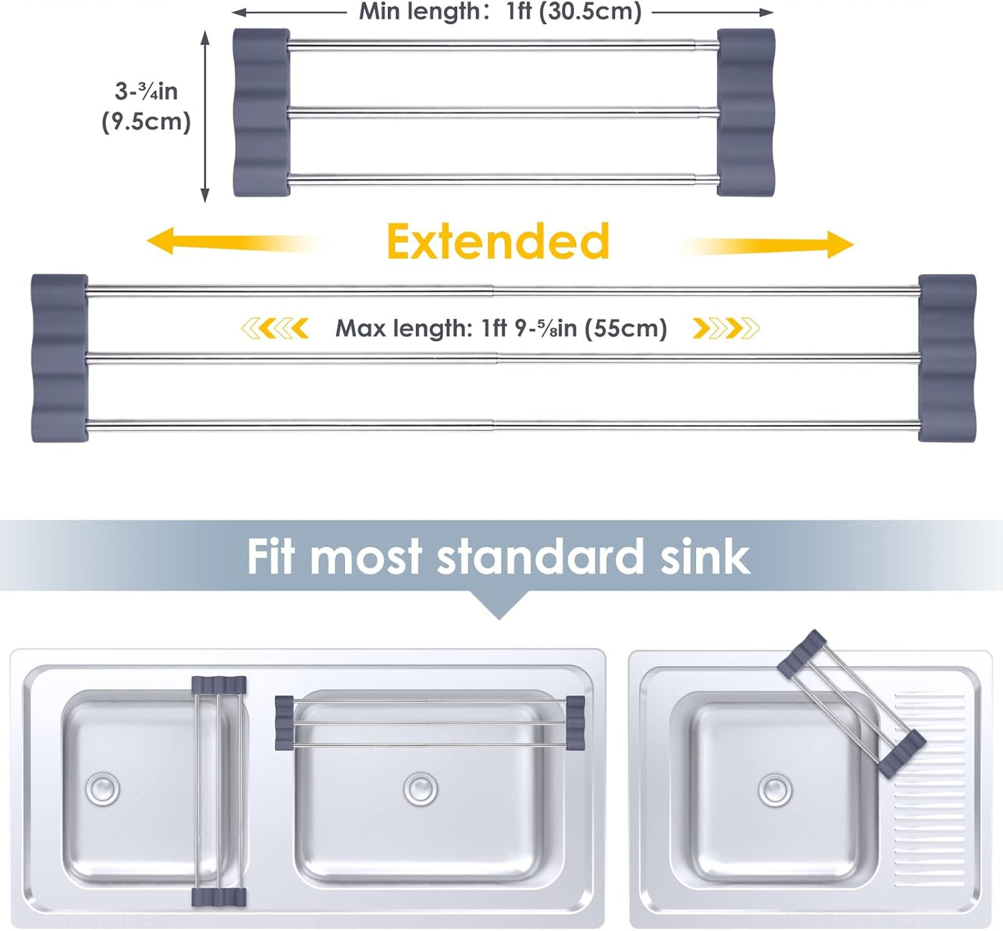 Adjustable Over-The-Sink Kitchen Rack, BPA-Free, Gray | Holds 16.5 Lbs; For Dishcloths, Sponges, and Brushes - Heat-Resistant Stainless Steel with Slim, Expandable Design
