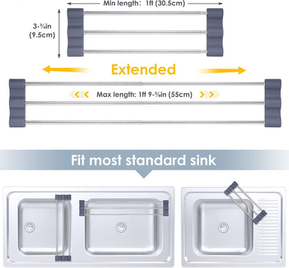 Adjustable Over-The-Sink Kitchen Rack, BPA-Free, Gray | Holds 16.5 Lbs; For Dishcloths, Sponges, and Brushes - Heat-Resistant Stainless Steel with Slim, Expandable Design