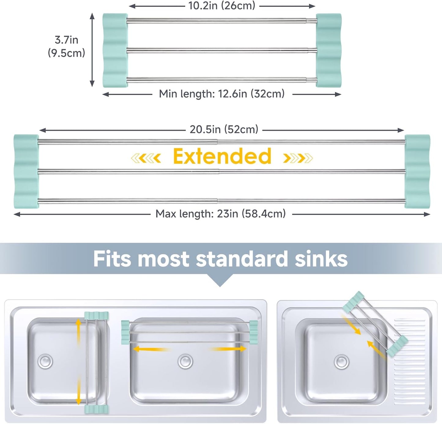 Adjustable Over-The-Sink Kitchen Rack, BPA-Free, Gray | Holds 16.5 Lbs; For Dishcloths, Sponges, and Brushes - Heat-Resistant Stainless Steel with Slim, Expandable Design