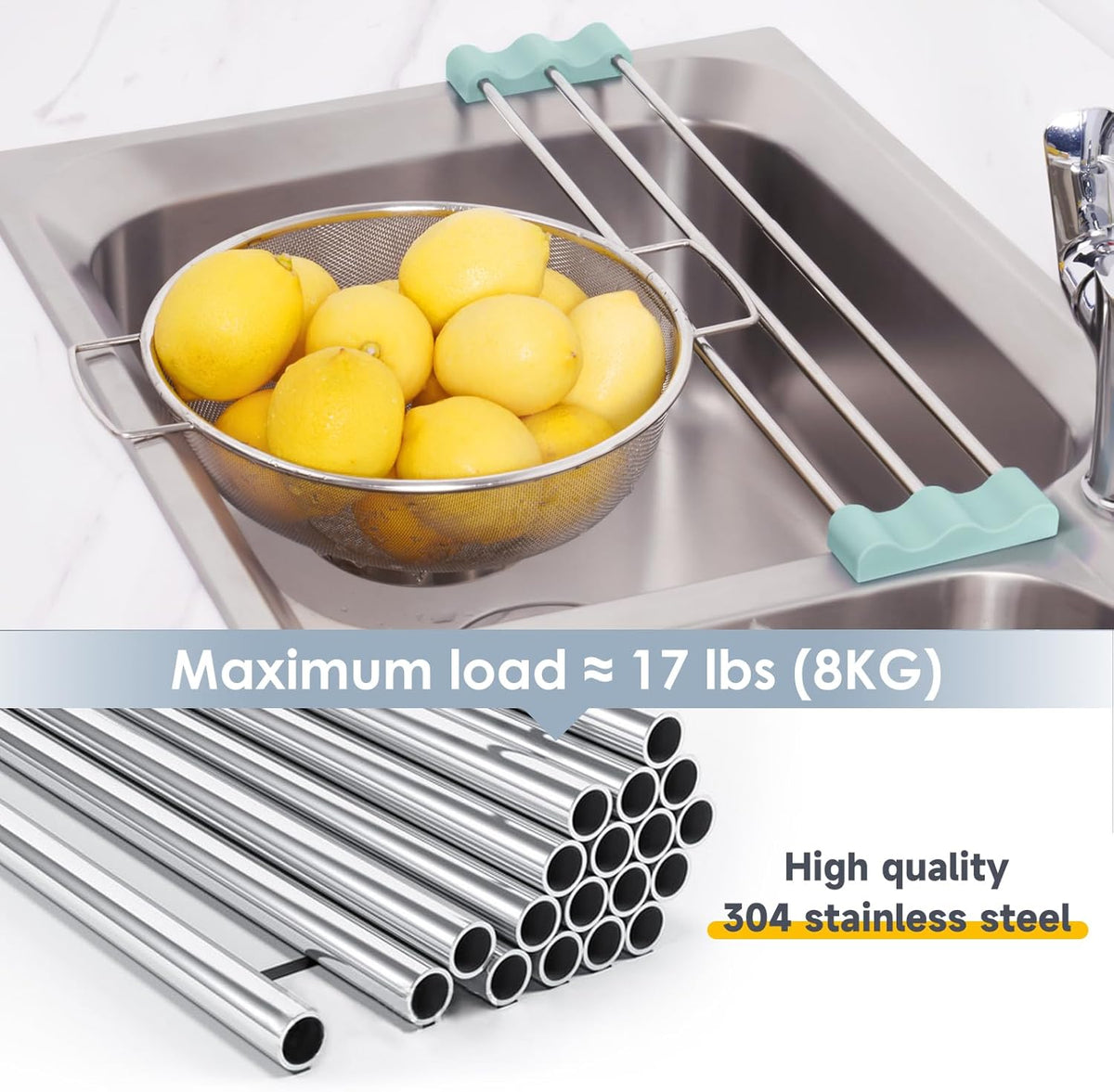 Adjustable Over-The-Sink Kitchen Rack, BPA-Free, Gray | Holds 16.5 Lbs; For Dishcloths, Sponges, and Brushes - Heat-Resistant Stainless Steel with Slim, Expandable Design