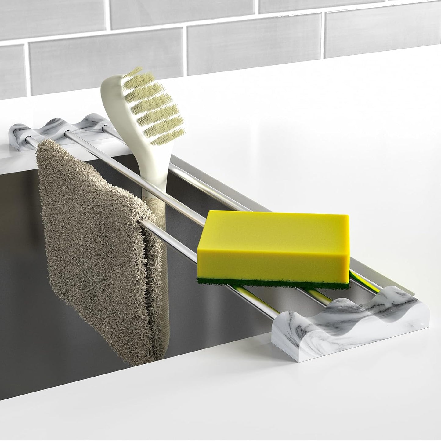 Adjustable Over-The-Sink Kitchen Rack, BPA-Free, Gray | Holds 16.5 Lbs; For Dishcloths, Sponges, and Brushes - Heat-Resistant Stainless Steel with Slim, Expandable Design