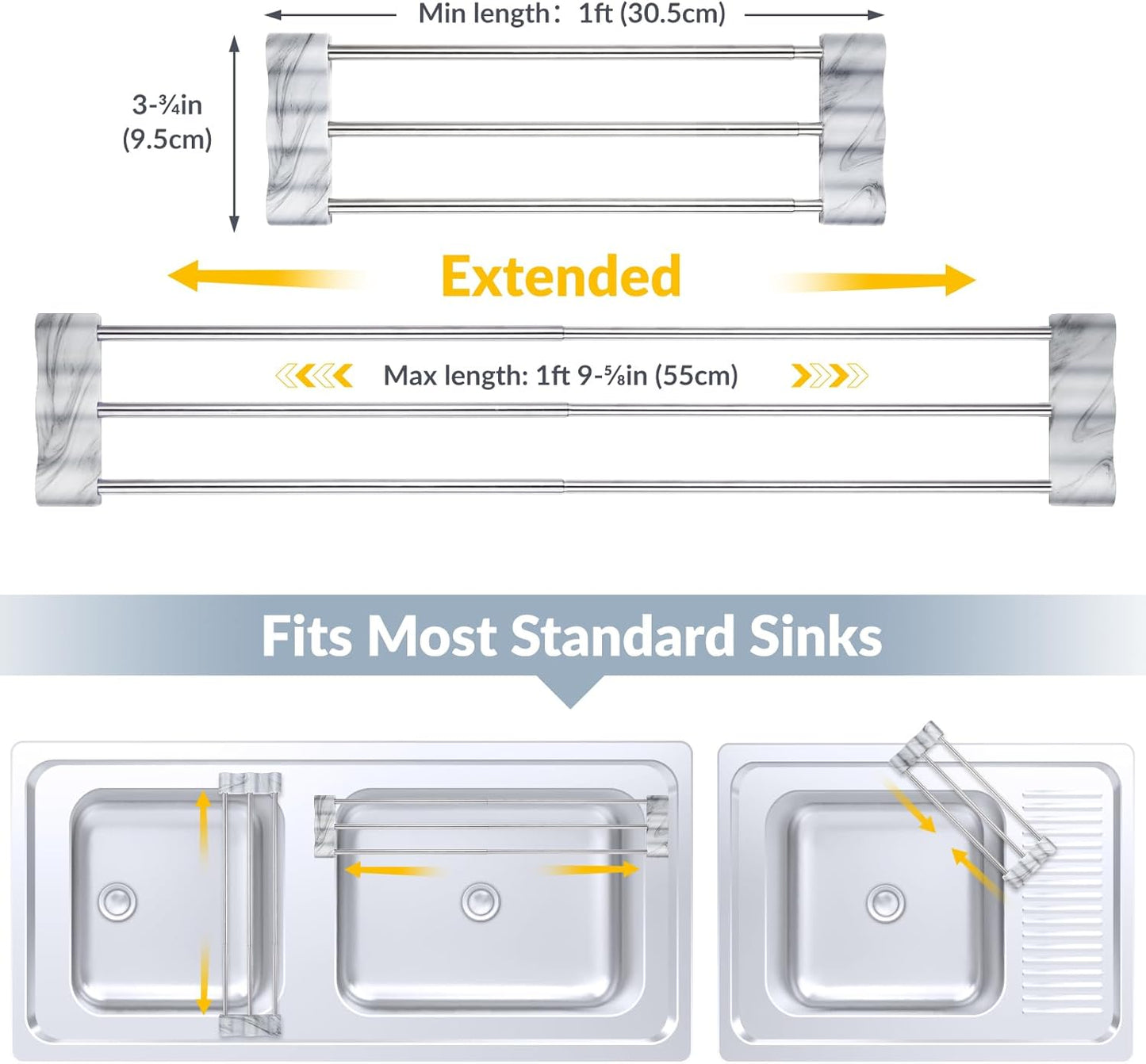 Adjustable Over-The-Sink Kitchen Rack, BPA-Free, Gray | Holds 16.5 Lbs; For Dishcloths, Sponges, and Brushes - Heat-Resistant Stainless Steel with Slim, Expandable Design