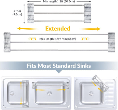 Adjustable Over-The-Sink Kitchen Rack, BPA-Free, Gray | Holds 16.5 Lbs; For Dishcloths, Sponges, and Brushes - Heat-Resistant Stainless Steel with Slim, Expandable Design