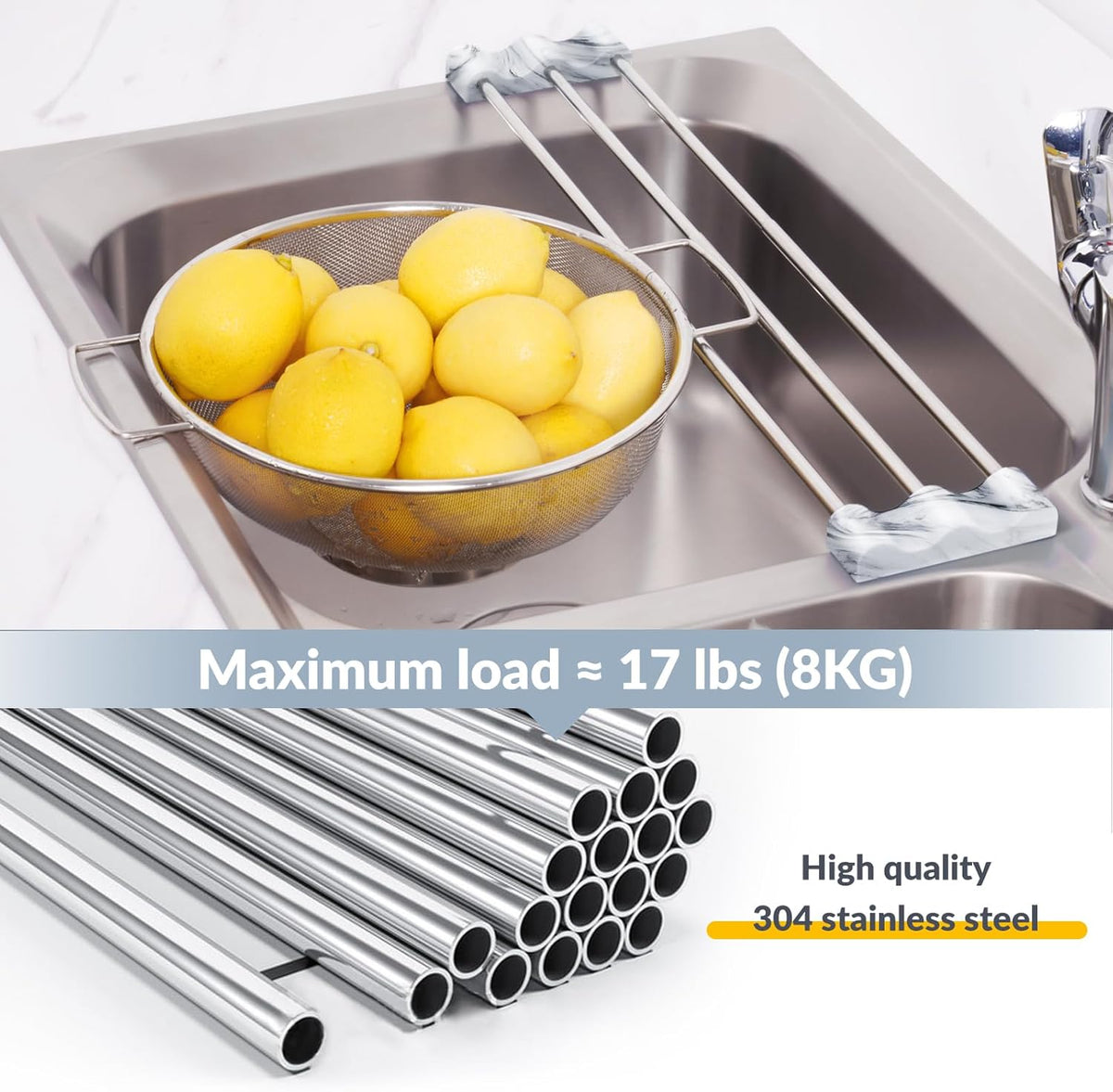 Adjustable Over-The-Sink Kitchen Rack, BPA-Free, Gray | Holds 16.5 Lbs; For Dishcloths, Sponges, and Brushes - Heat-Resistant Stainless Steel with Slim, Expandable Design