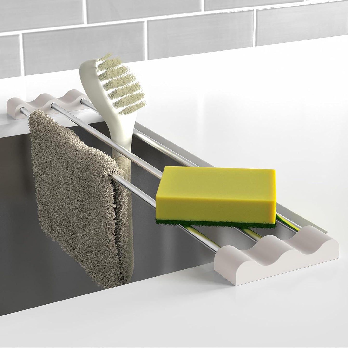 Adjustable Over-The-Sink Kitchen Rack, BPA-Free, Gray | Holds 16.5 Lbs; For Dishcloths, Sponges, and Brushes - Heat-Resistant Stainless Steel with Slim, Expandable Design