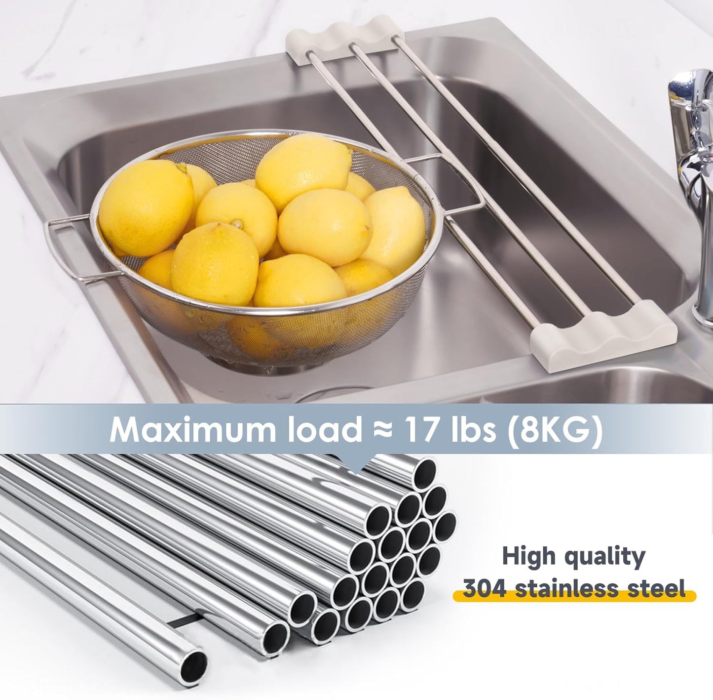 Adjustable Over-The-Sink Kitchen Rack, BPA-Free, Gray | Holds 16.5 Lbs; For Dishcloths, Sponges, and Brushes - Heat-Resistant Stainless Steel with Slim, Expandable Design