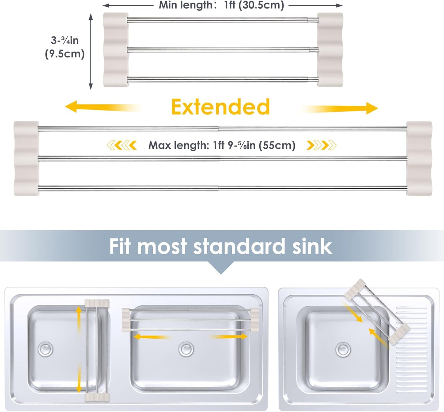 Adjustable Over-The-Sink Kitchen Rack, BPA-Free, Gray | Holds 16.5 Lbs; For Dishcloths, Sponges, and Brushes - Heat-Resistant Stainless Steel with Slim, Expandable Design