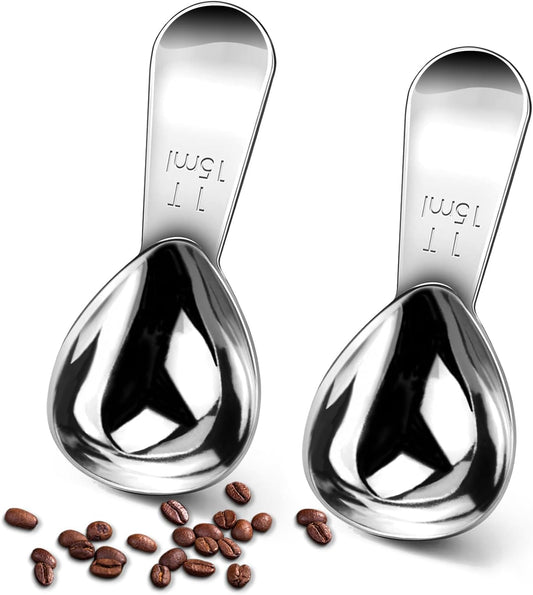 2-Piece Stainless Steel Coffee Scoop Set – 1 Tbsp & 2 Tbsp Measuring Spoons for Ground Coffee, Protein, Sugar – Short Handle Fits Storage Canisters
