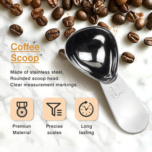 2-Piece Stainless Steel Coffee Scoop Set – 1 Tbsp & 2 Tbsp Measuring Spoons for Ground Coffee, Protein, Sugar – Short Handle Fits Storage Canisters