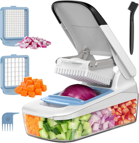 Vegetable Chopper with Container, Vegetable Cutter for Onion Fruit | 50% less effort for every chop, 2 in 1 manual food veggie chopper with 2 stainless steel chopping blades
