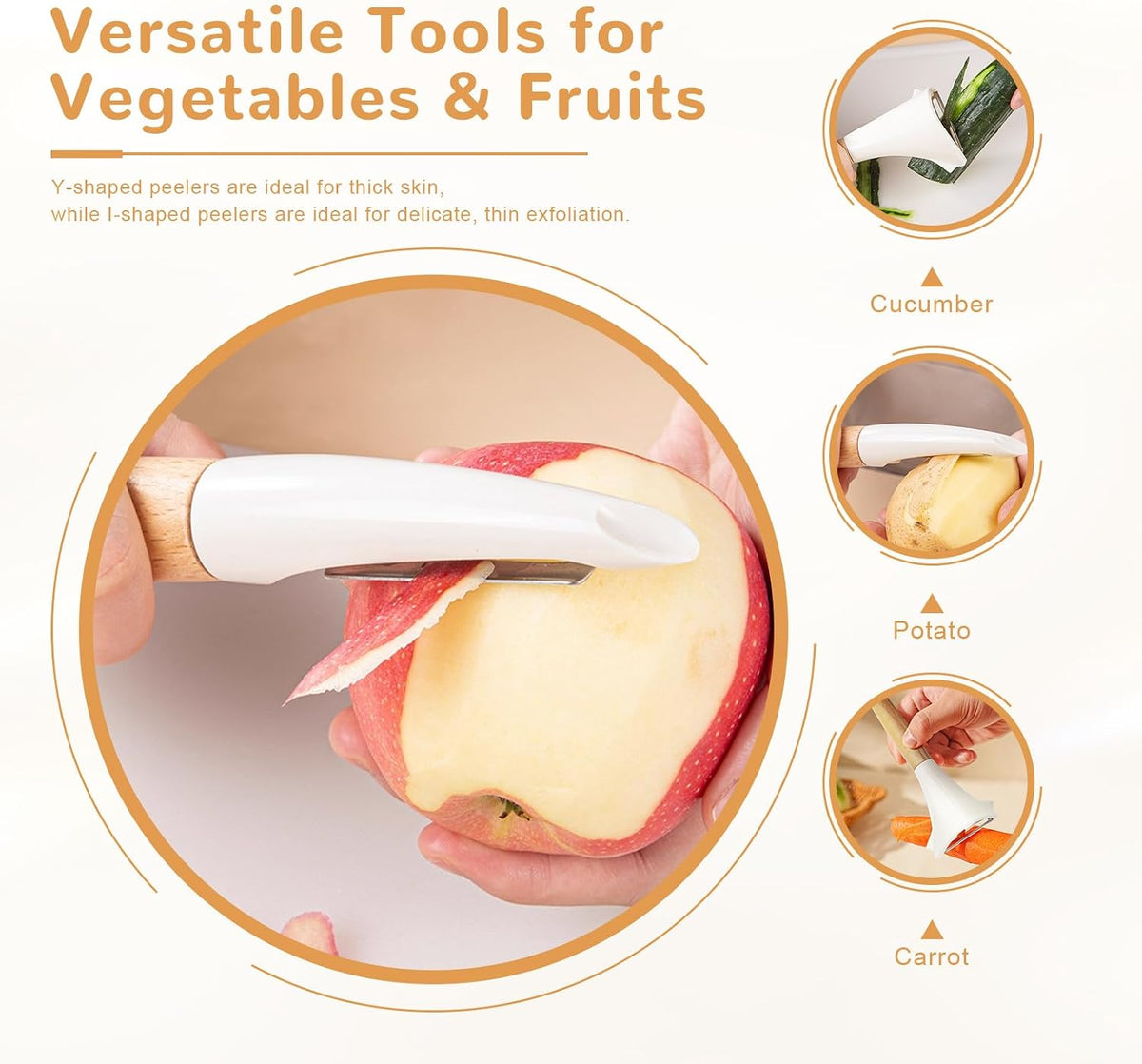 Vegetable Peeler Set, 2 Pack Potato Peelers for Kitchen, Wooden Handle Y & I Peelers with Sharp Stainless Steel Swivel Blades for Fruit, Veggie, Apple, Carrot, Cucumber