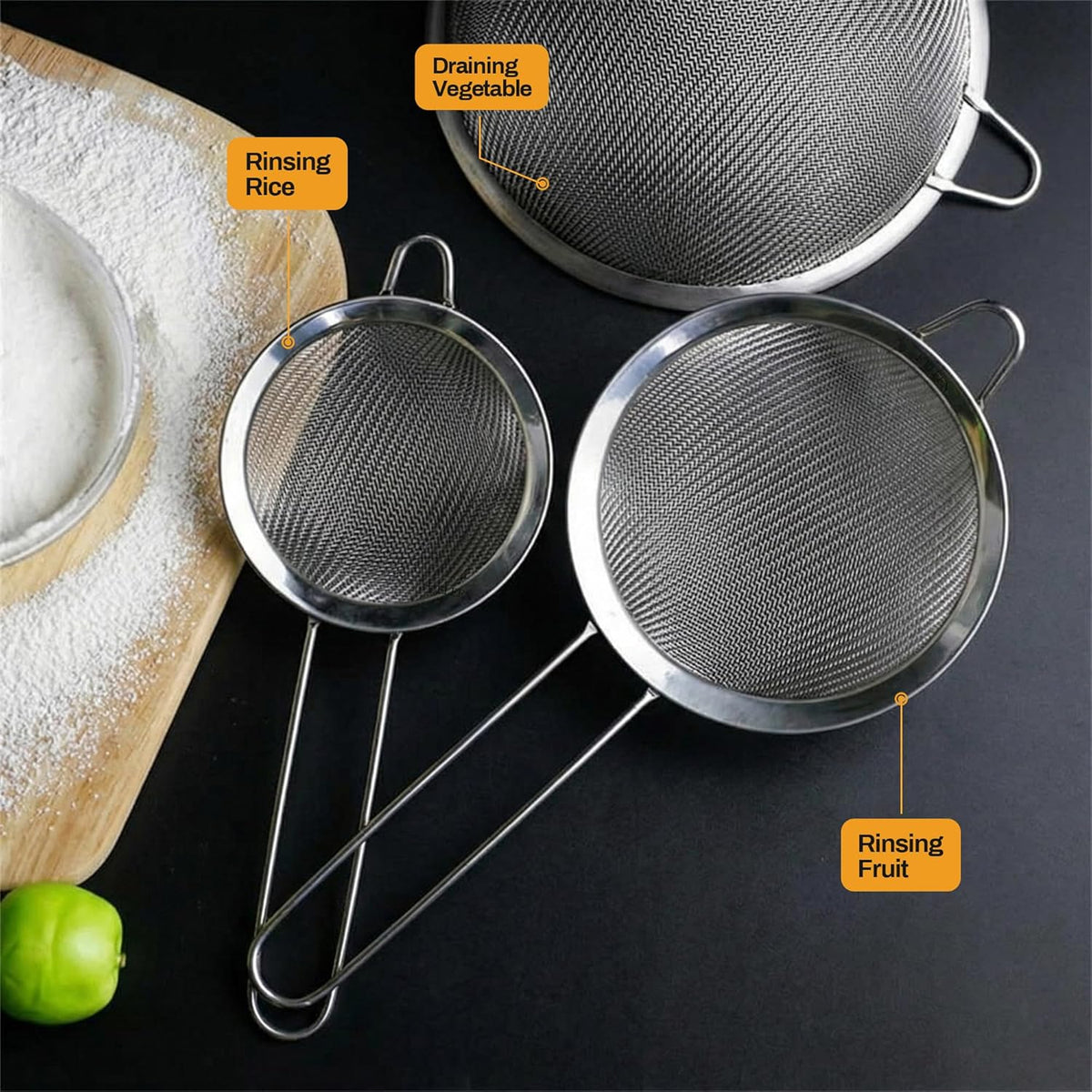 ELEEN Premium Stainless Steel Fine Mesh Strainers for Kitchen 3-Piece Set with Non-Slip Handle, Small, Medium & Large Sieves, Colanders and Sifter for Sifting, Straining, Pastas Tea, Rice Vegetables