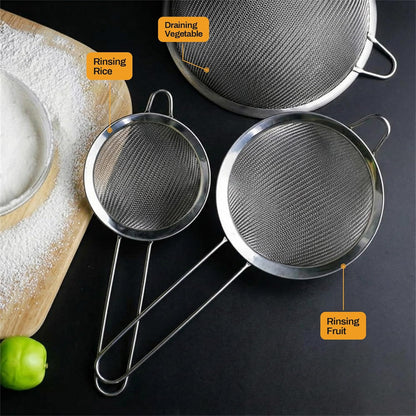 ELEEN Premium Stainless Steel Fine Mesh Strainers for Kitchen 3-Piece Set with Non-Slip Handle, Small, Medium & Large Sieves, Colanders and Sifter for Sifting, Straining, Pastas Tea, Rice Vegetables